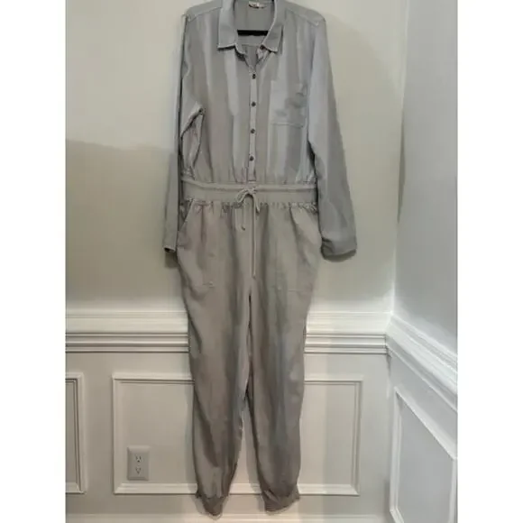 Faherty Arlie Day Jumpsuit in Stone Womens XL Romper Tie Waist Joffer Leg Collar